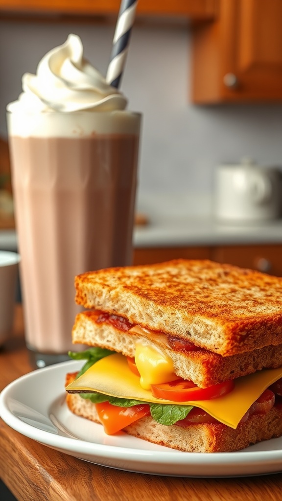 Toasted sandwich with cheese and veggies, served with a tall glass of chocolate milk topped with whipped cream.